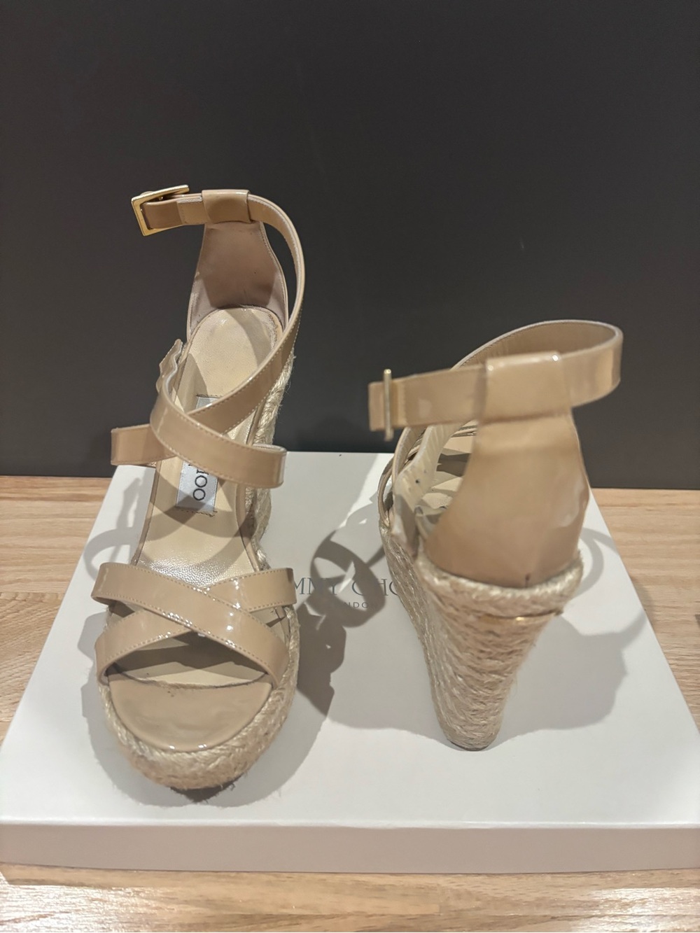 Jimmy Choo Nude Patent Espadrille Wedge Sandals